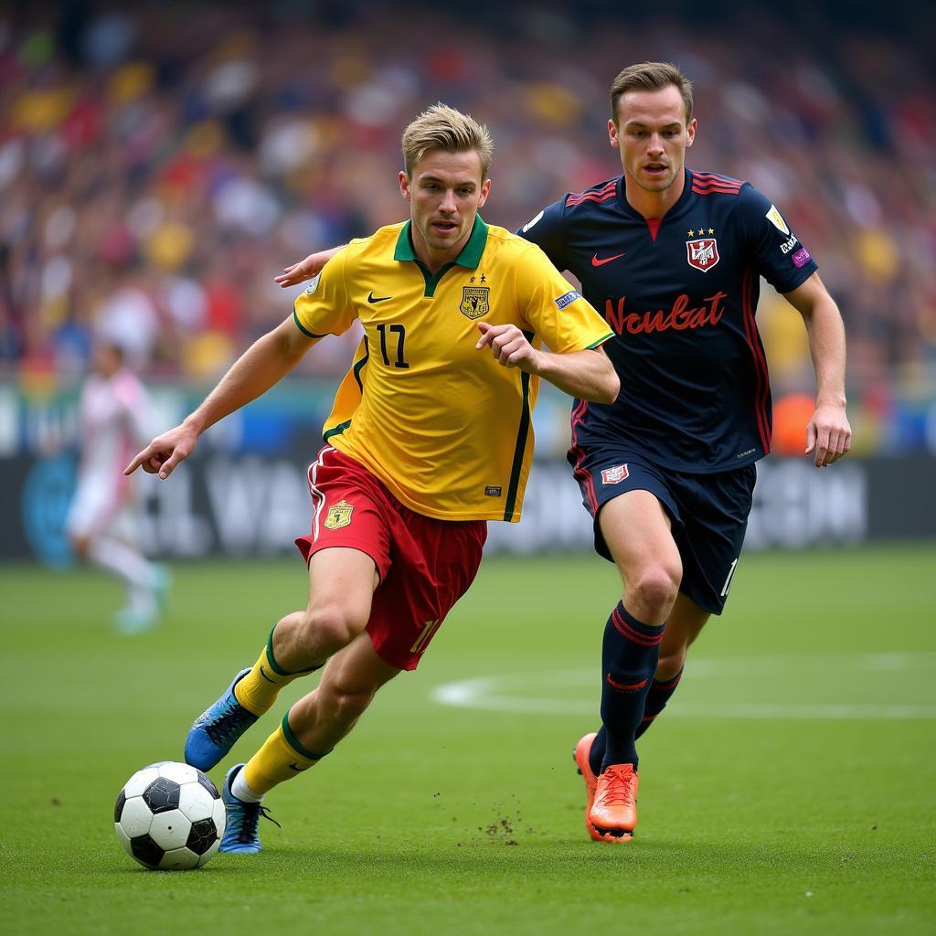 Haaland dribbling past a defender.