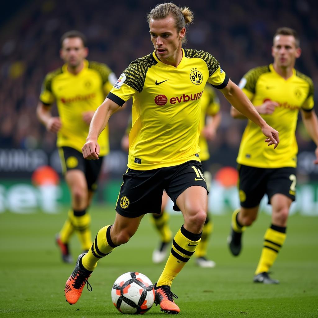 Haaland dribbling past defenders in a Borussia Dortmund match