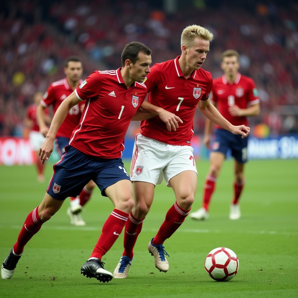 Haaland dribbling the ball past a defender while playing for the Norwegian national team.