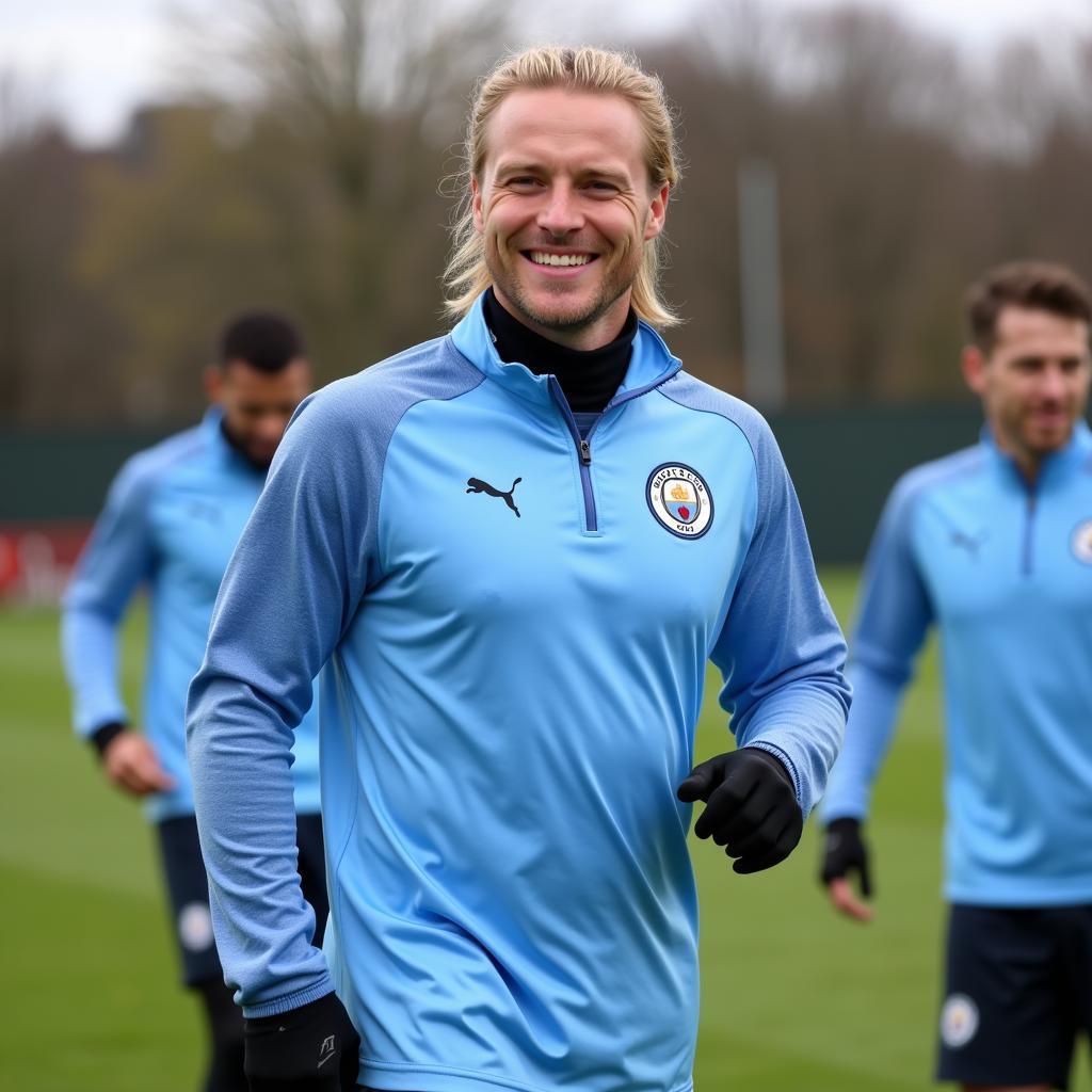 Haaland in his Manchester City kit, smiling during a training session.