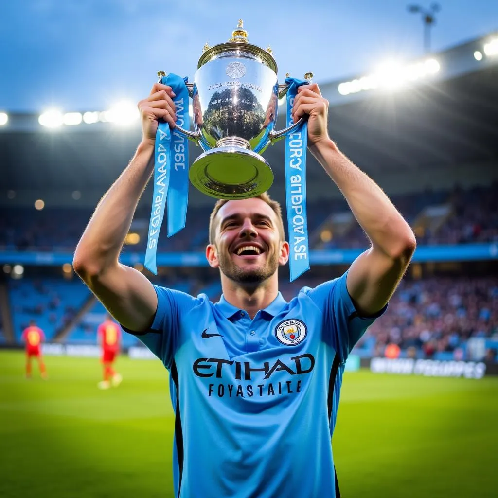 Erling Haaland in his Manchester City kit, holding the Premier League trophy