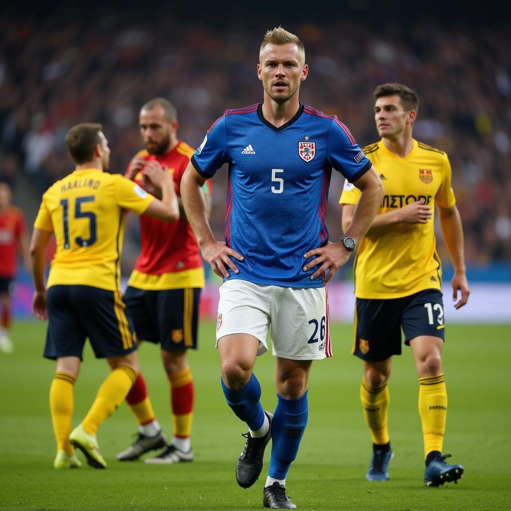 Erling Haaland clutching his leg after a tackle.