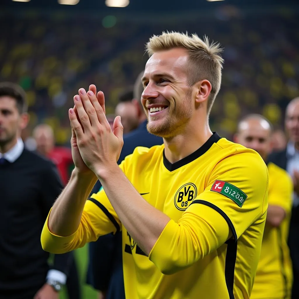 Haaland shows appreciation to the Dortmund fans after a match.