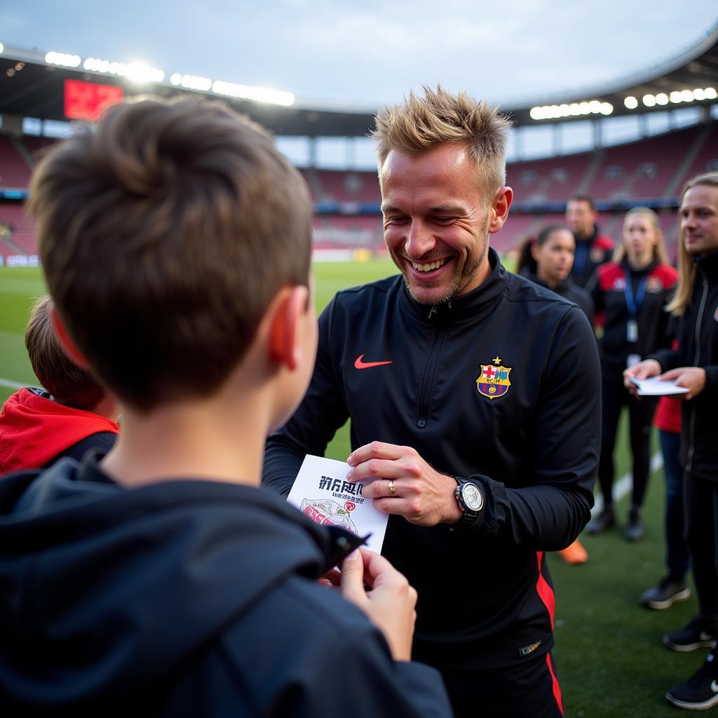 Haaland signs autographs for young fans after a Champions League match.