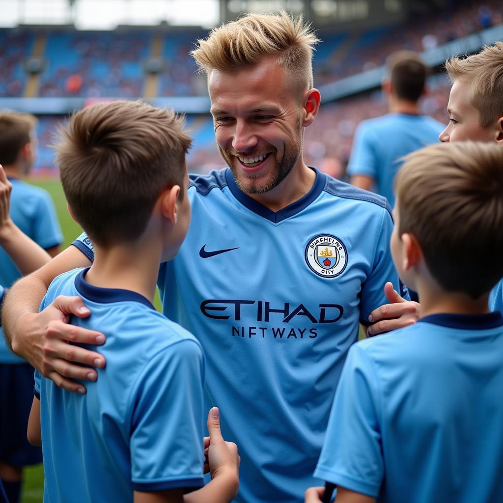 Erling Haaland interacting with young fans wearing the Man City kit.