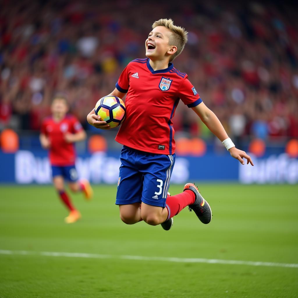 Young fan celebrating goal in Haaland landslagsdrakt