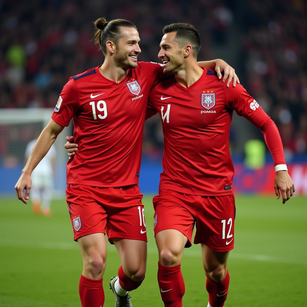 Haaland and Lewandowski celebrating a goal for Poland