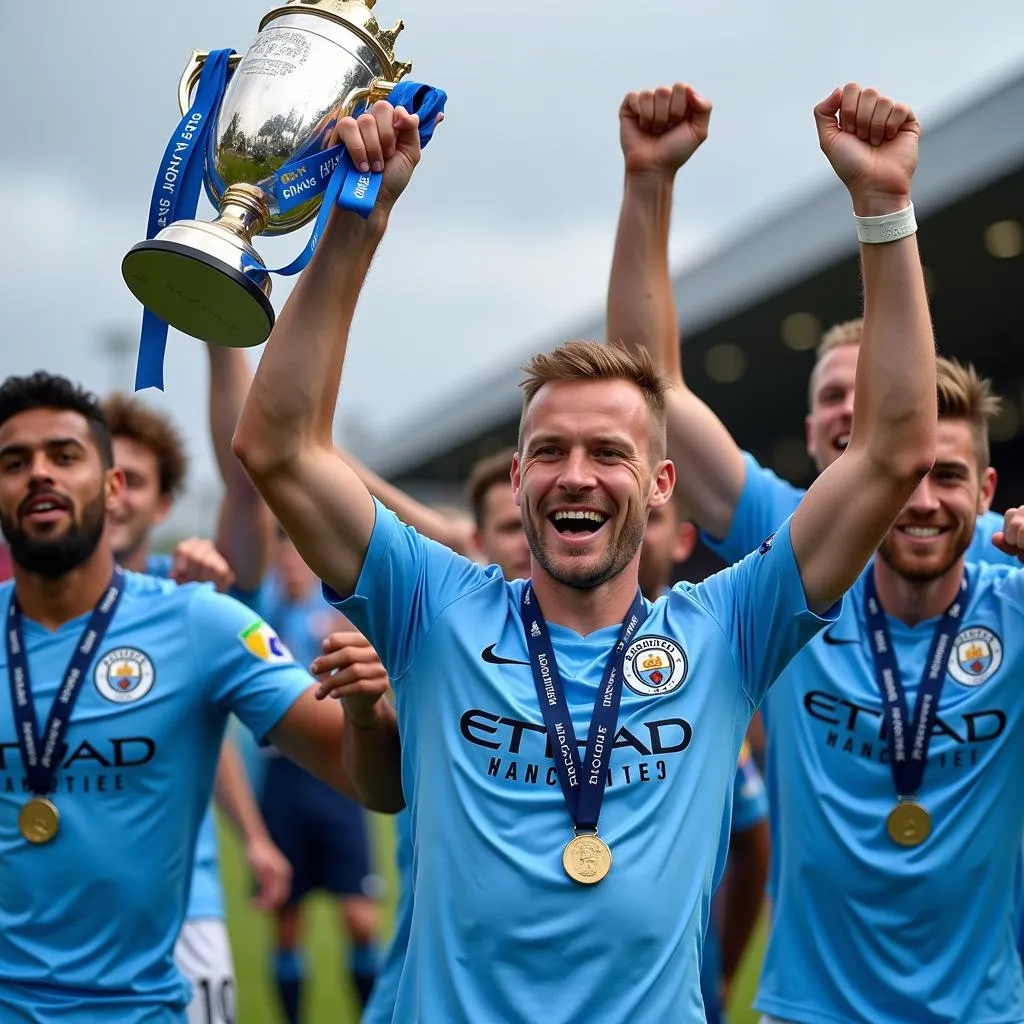 Haaland lifts a trophy with his Manchester City teammates