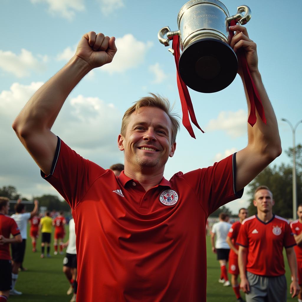 Haaland lifting a trophy with a triumphant smile