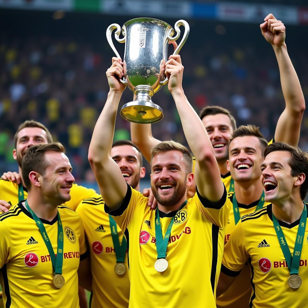 Erling Haaland lifts the DFB-Pokal trophy with his Borussia Dortmund teammates.