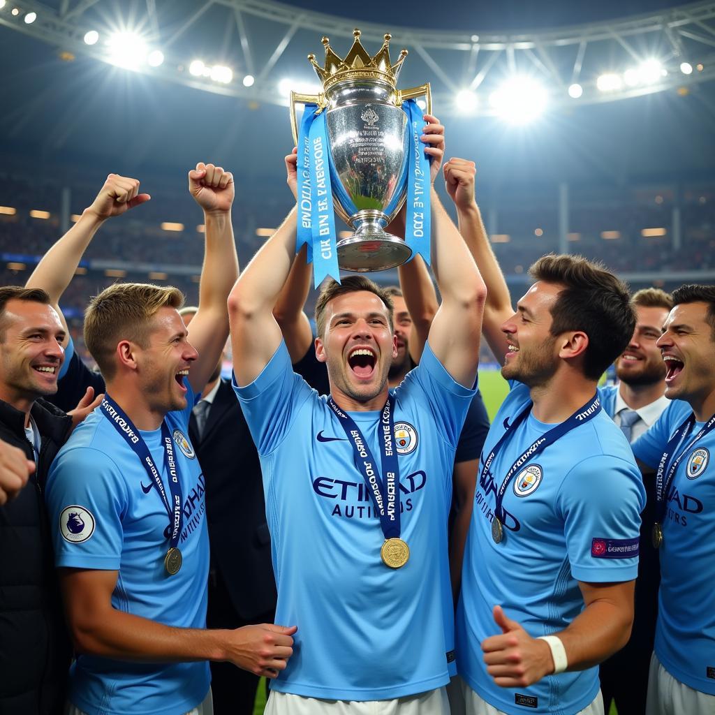 Haaland lifts the Premier League trophy with his Manchester City teammates