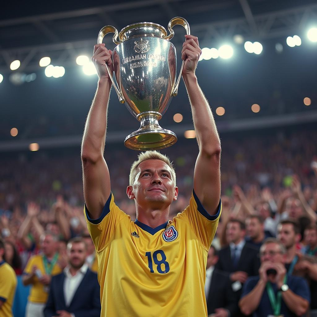 Haaland holding the Champions League Trophy