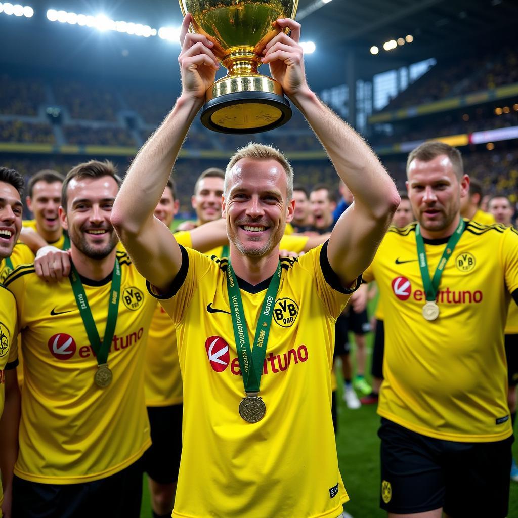 Haaland lifting the DFB-Pokal trophy with his Borussia Dortmund teammates. 