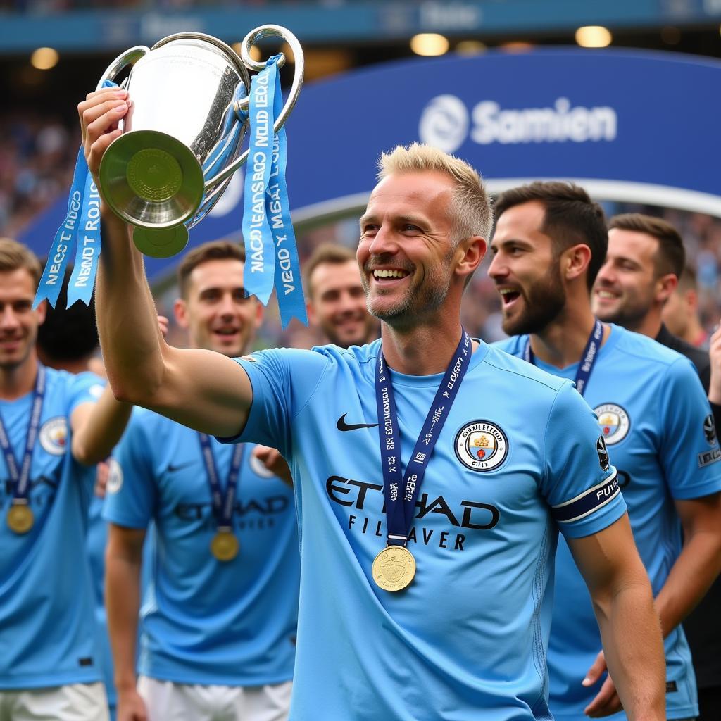 Haaland lifting a trophy with Manchester City