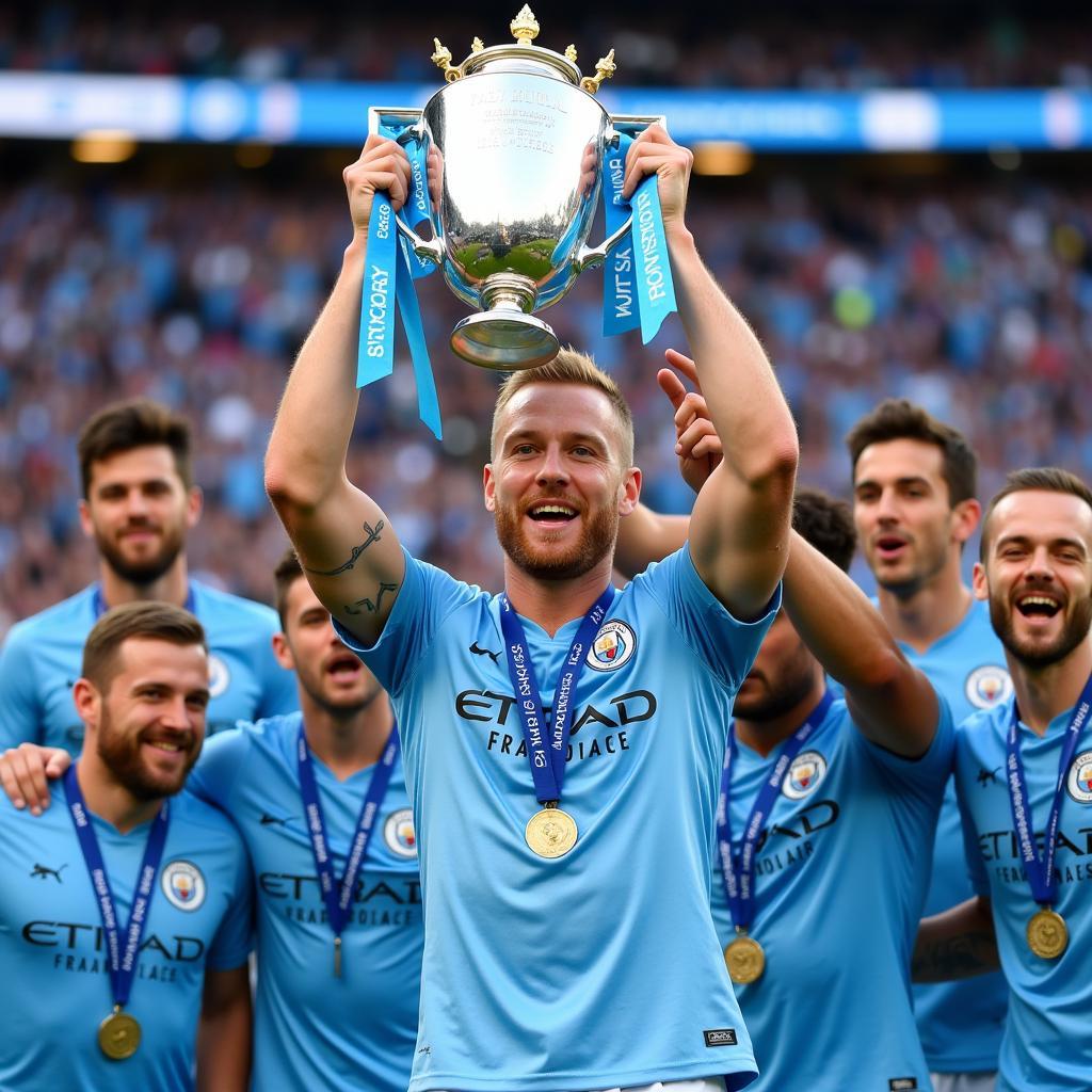 Erling Haaland lifting a trophy with Manchester City