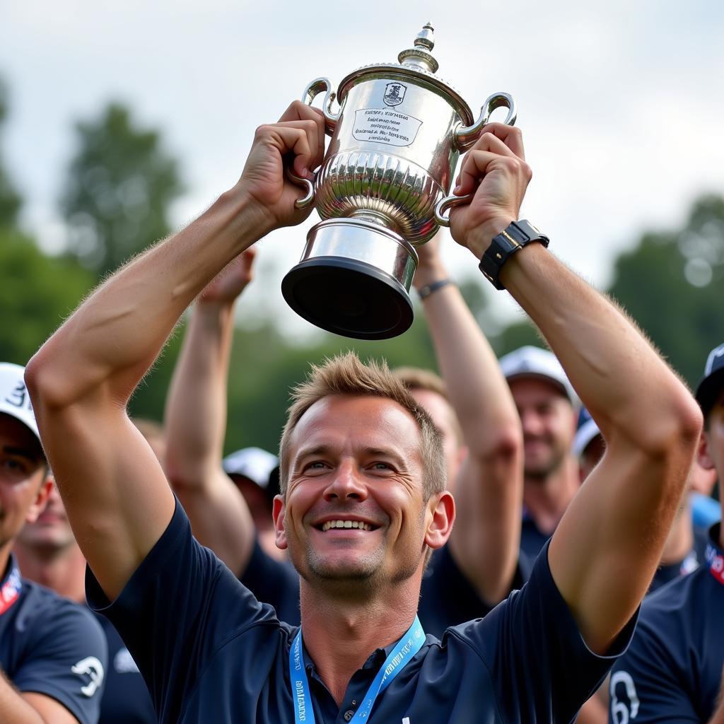 Haaland lifts a trophy in celebration