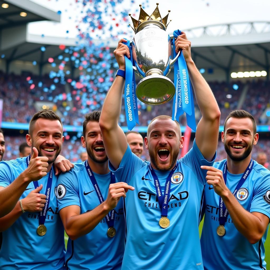 Haaland lifting a trophy with Manchester City