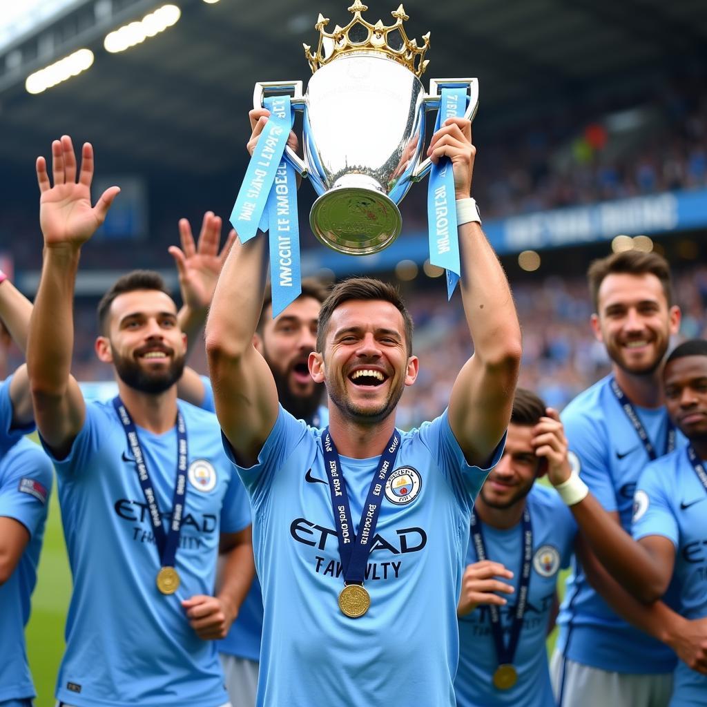 Haaland lifting a trophy with Manchester City