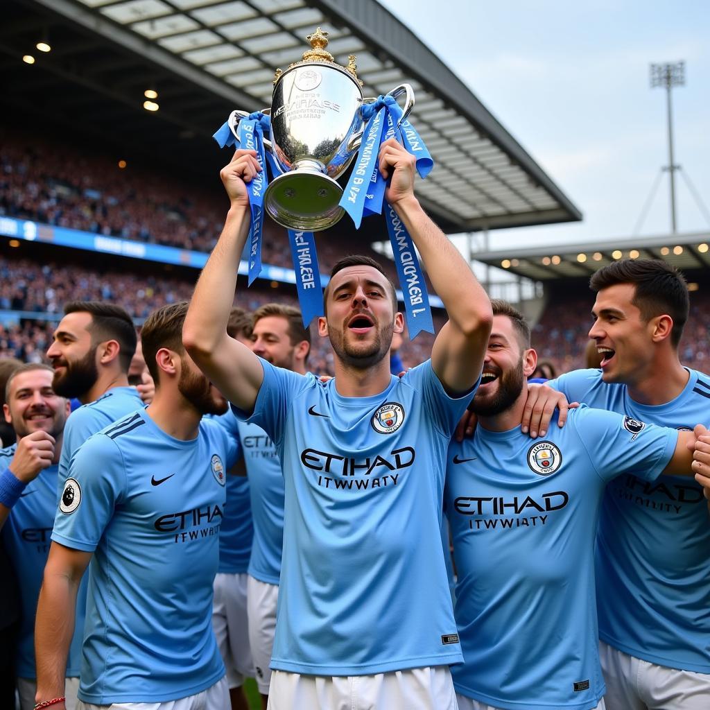 Haaland Lifting a Trophy with Manchester City Teammates