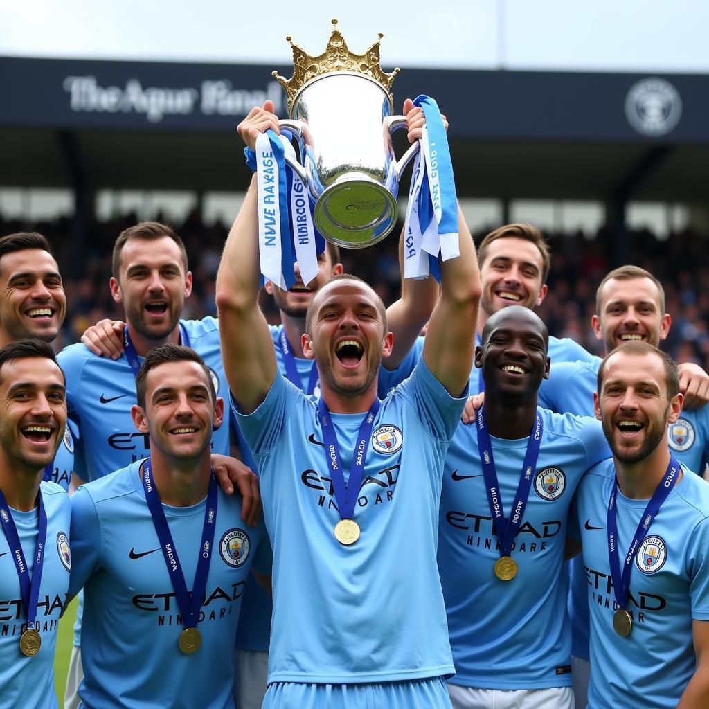 Haaland lifting a trophy with his Manchester City Teammates 