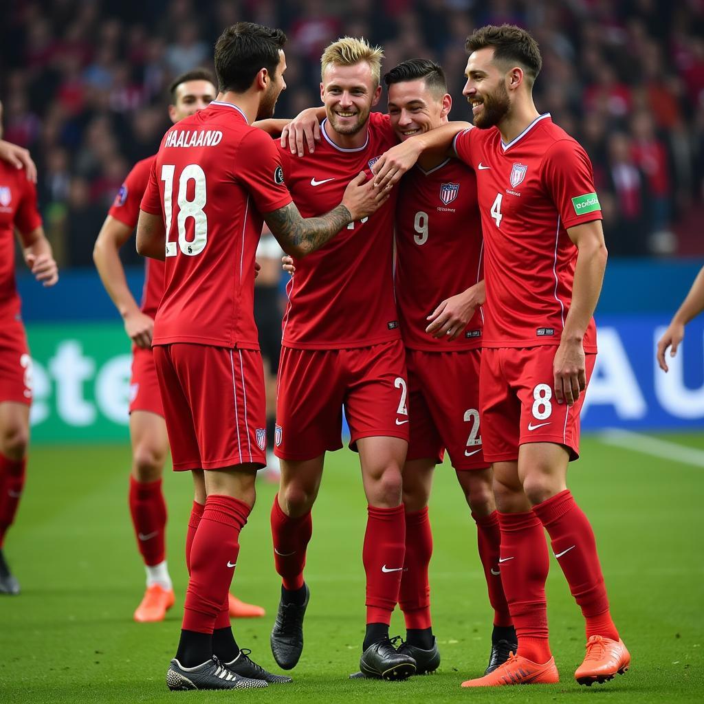 Erling Haaland celebrating a trophy win with his teammates