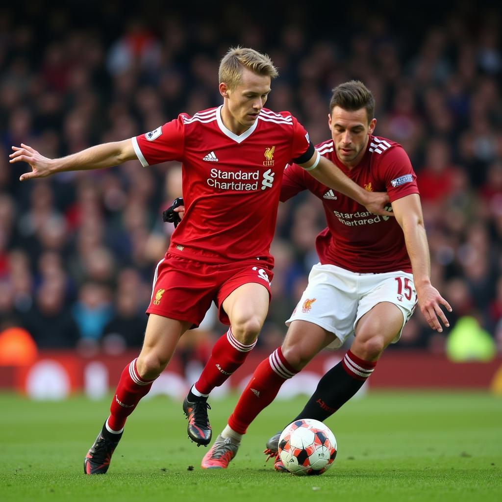 Haaland battling for possession against a Liverpool defender