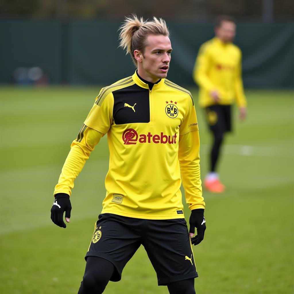 Erling Haaland with a longer hairstyle during a training session in 2021