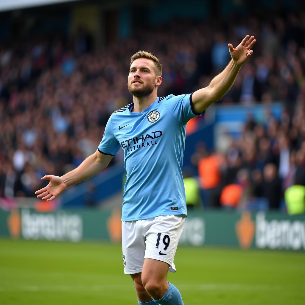 Haaland in a Man City kit with his arms outstretched