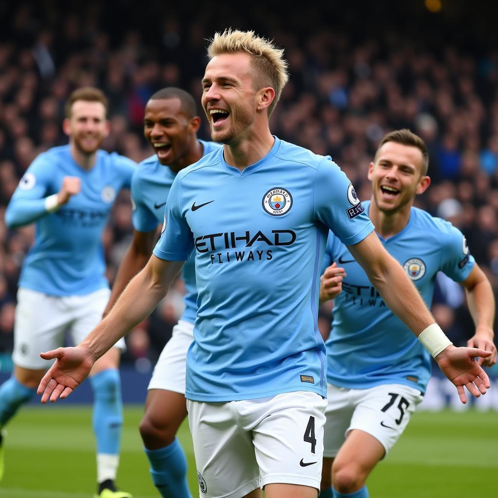 Erling Haaland celebrating with Manchester City teammates