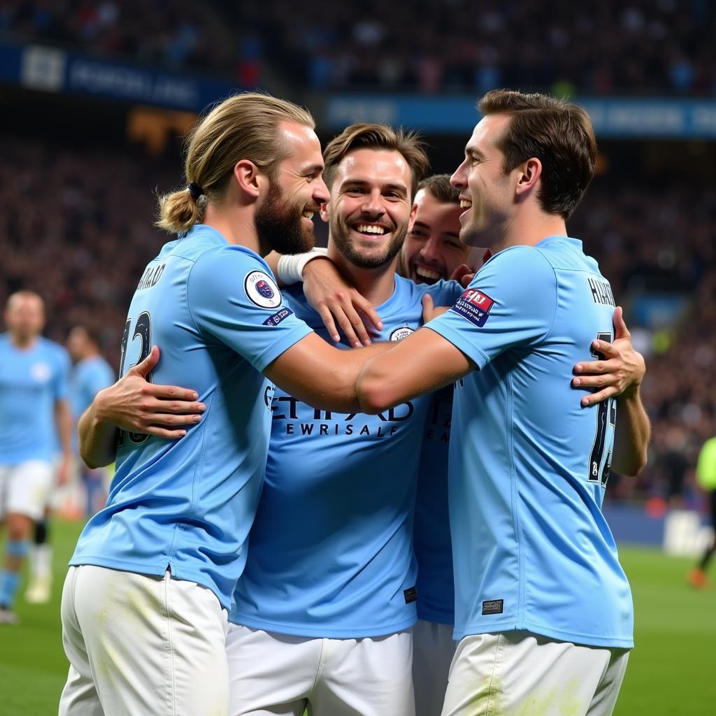 Haaland celebrating with Manchester City teammates