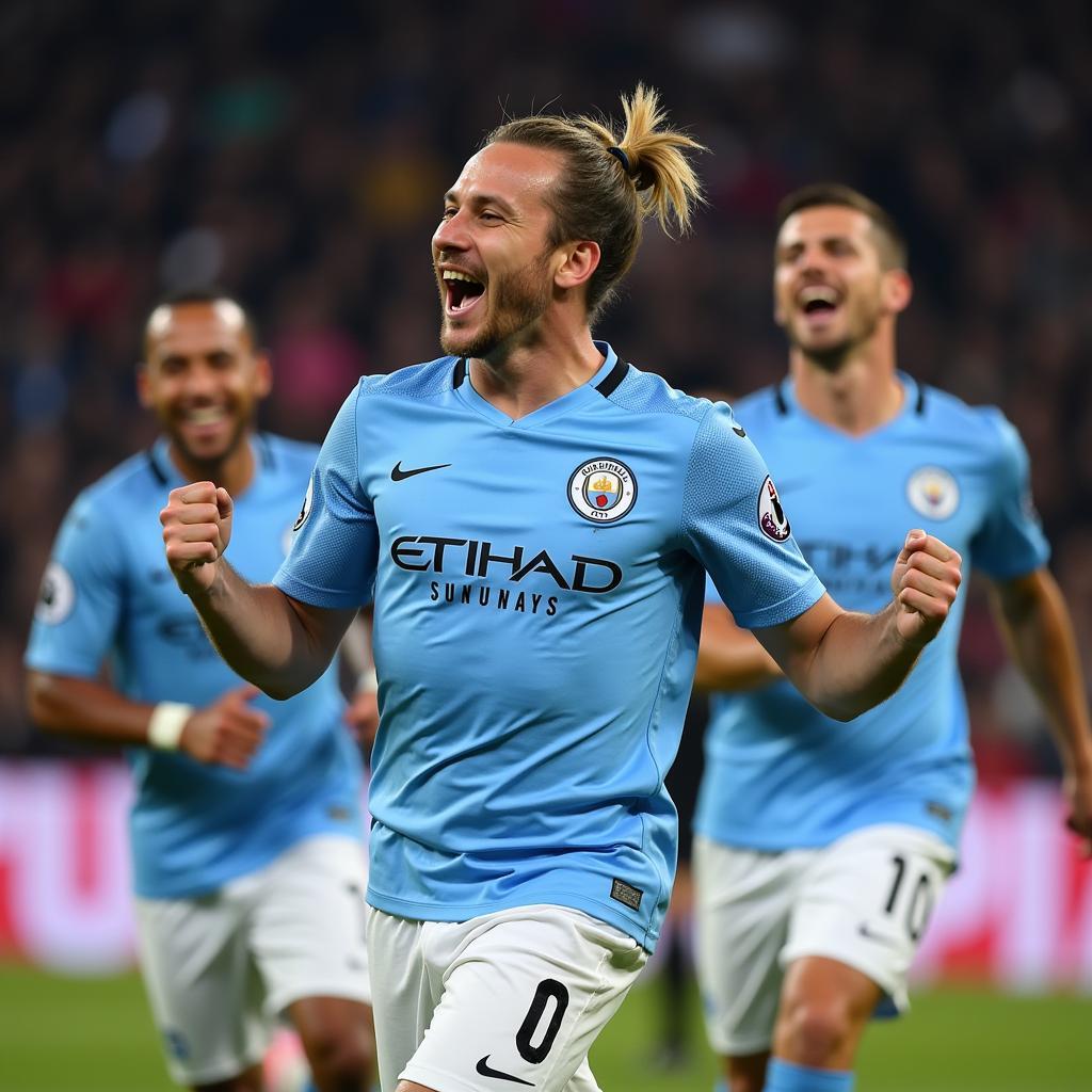 Haaland celebrating a goal in a Man City jersey