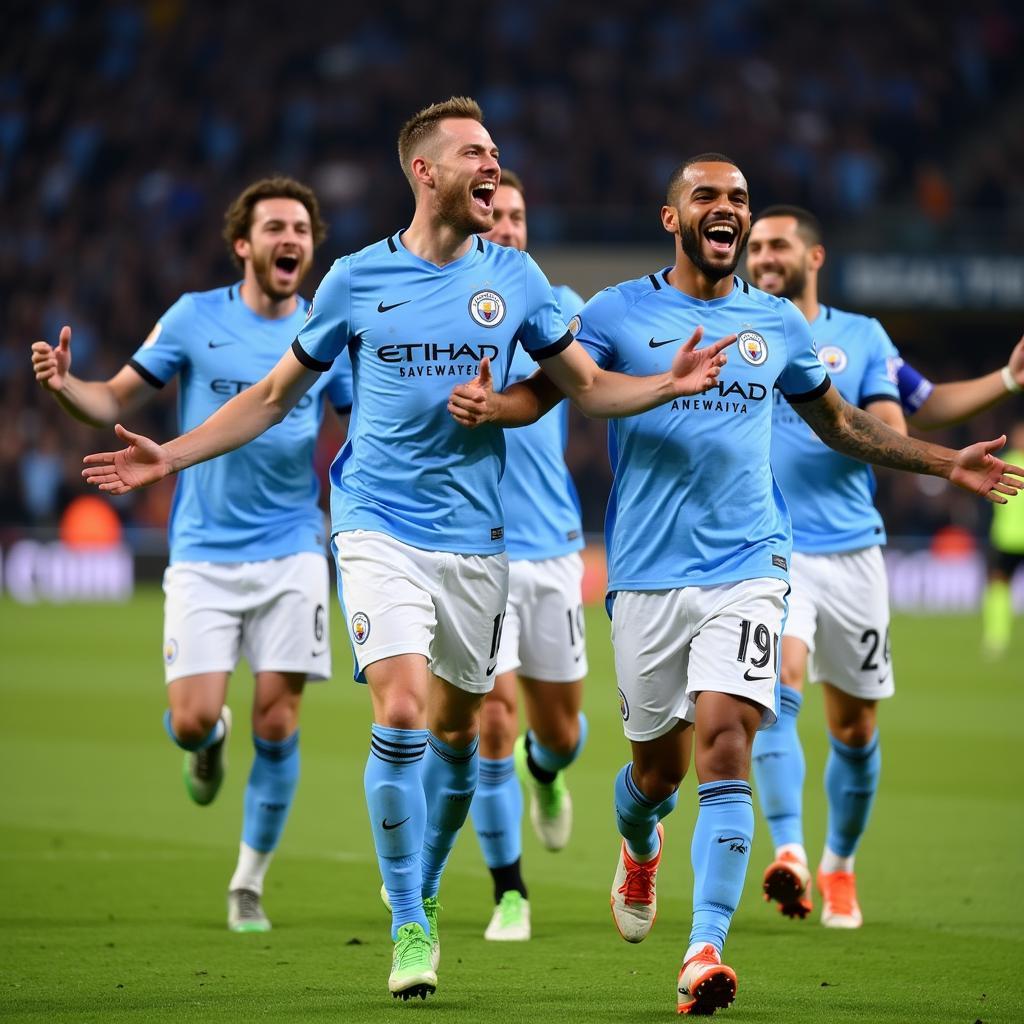 Haaland celebrating a goal with his Man City teammates