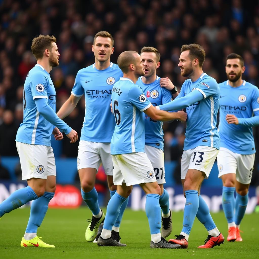 Haaland celebrating a goal with Manchester City teammates