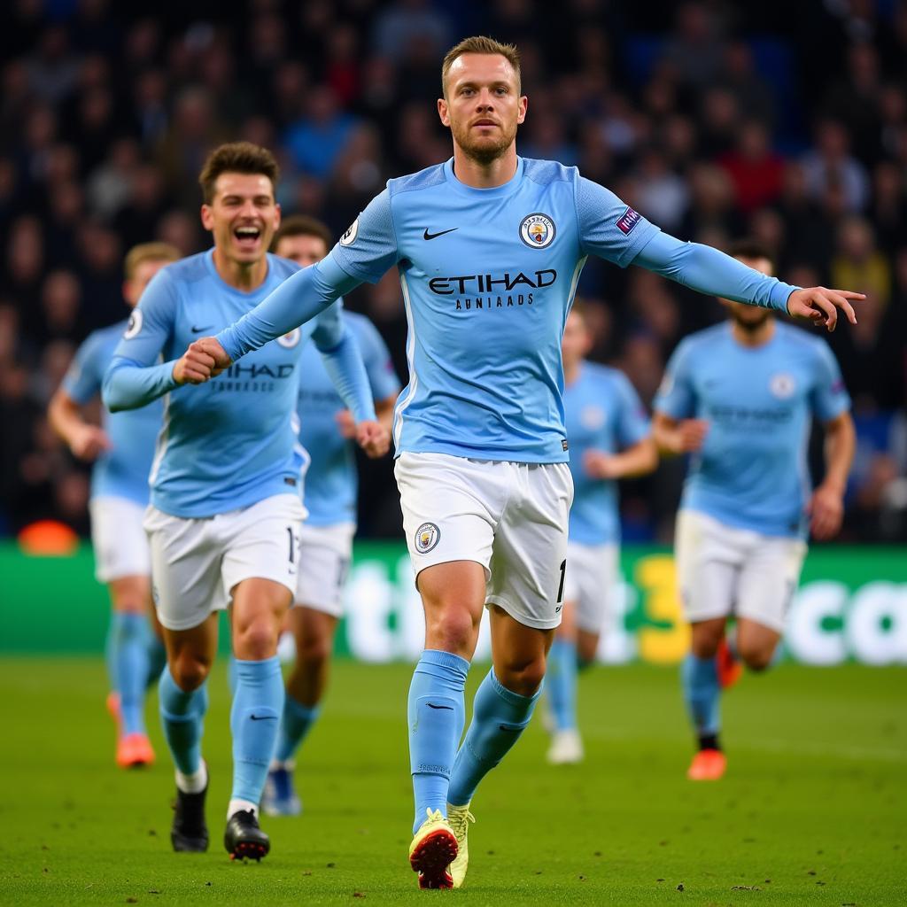 Haaland Celebrating a Goal in a Man City Kit