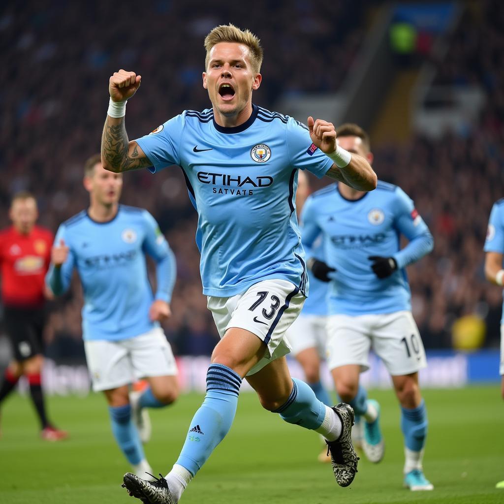 Haaland celebrating a goal with his Manchester City teammates.