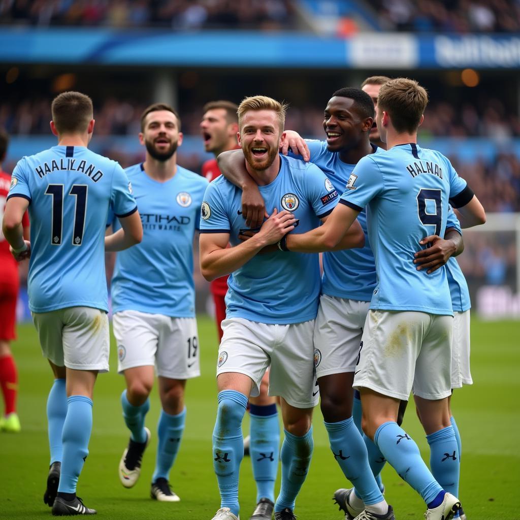 Haaland celebrates a goal with his Man City teammates