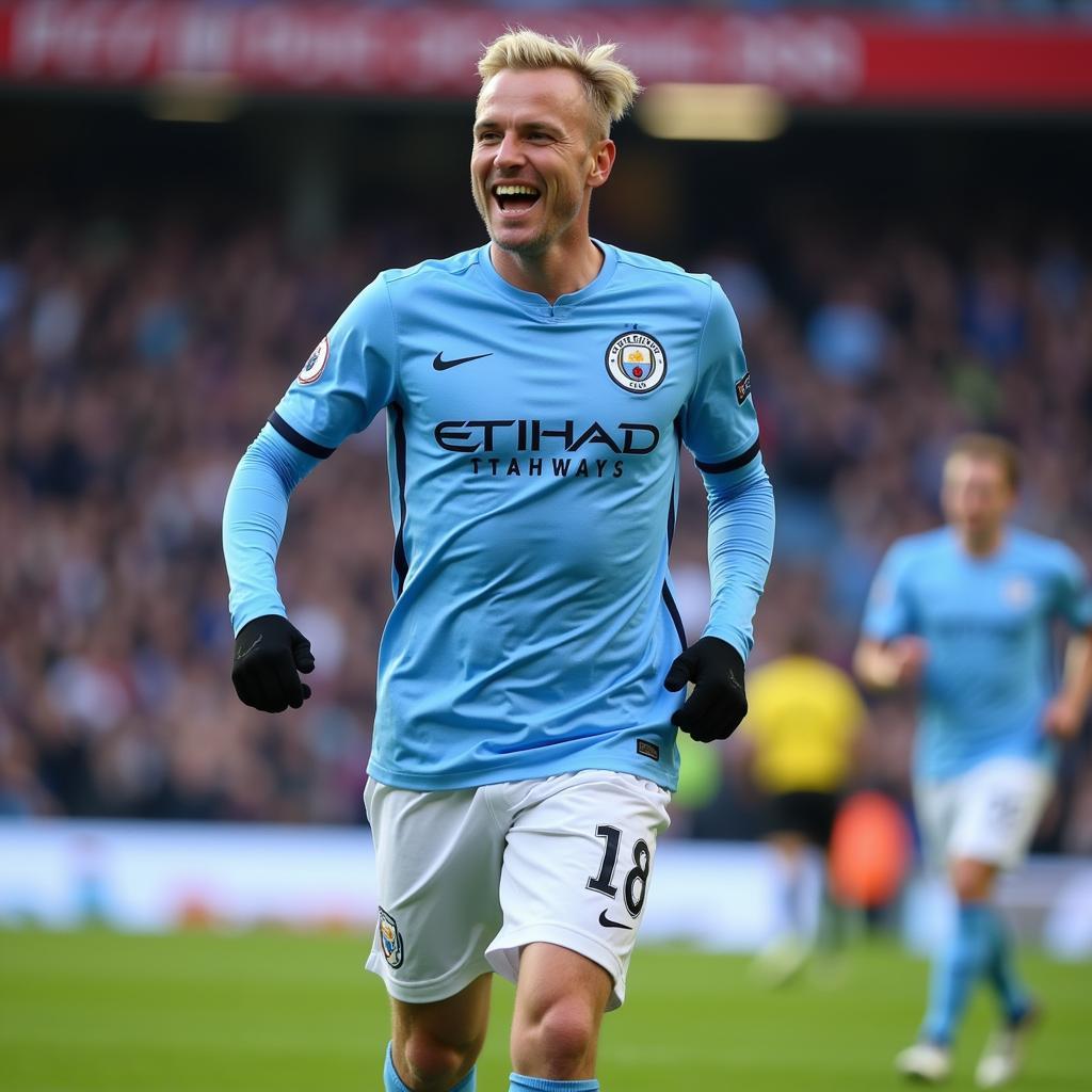 Haaland celebrating a goal in a Manchester City jersey