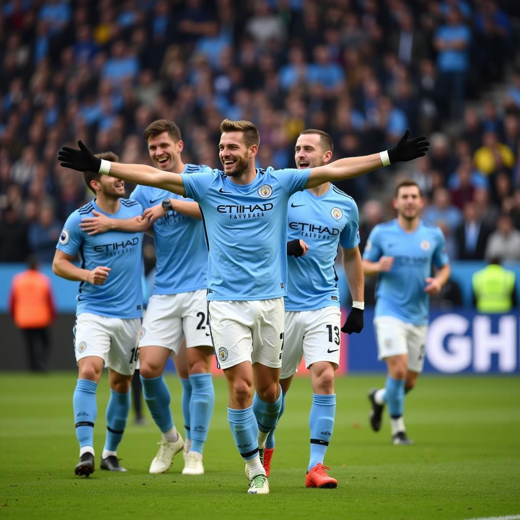 Haaland celebrates a goal with his Man City teammates