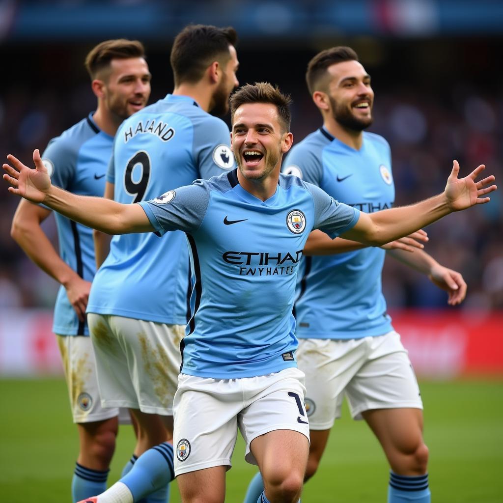 Haaland celebrates with his Man City teammates