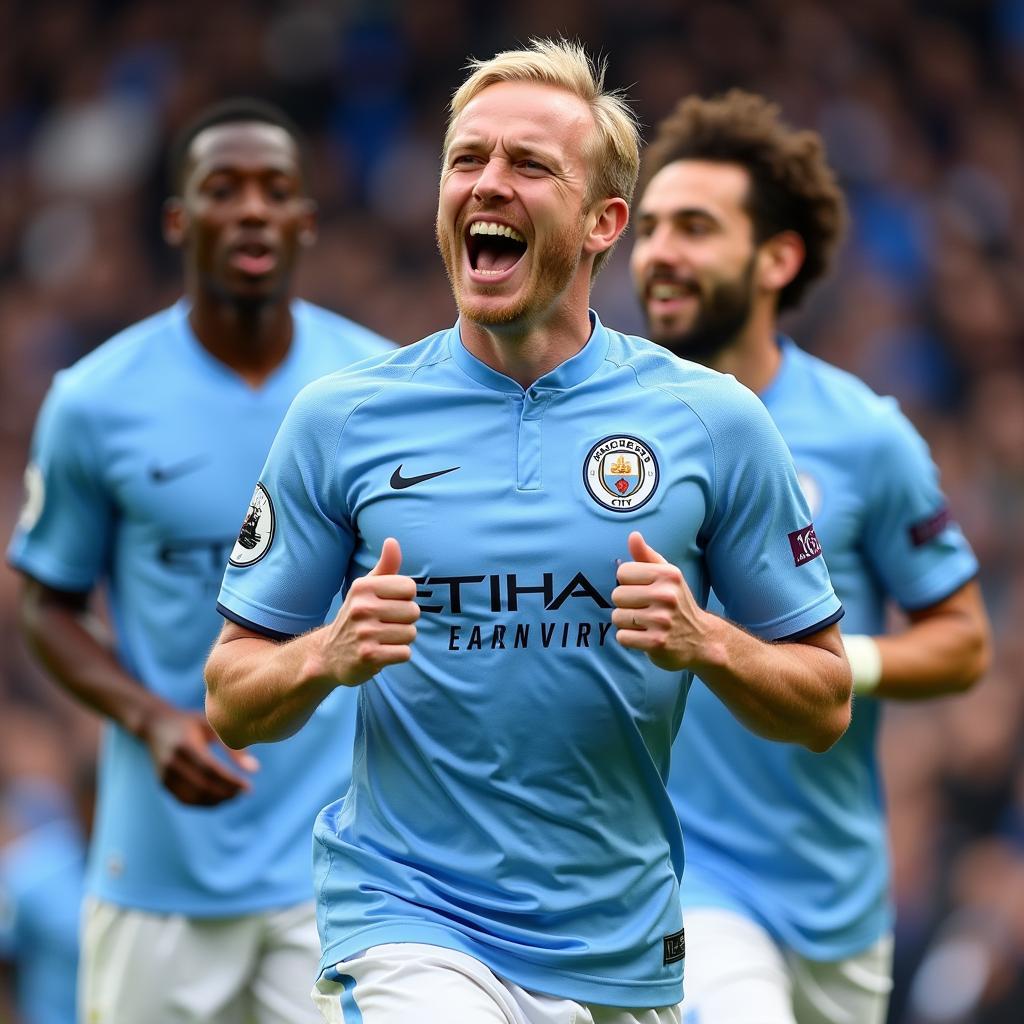 Haaland celebrating a goal in a Man City kit