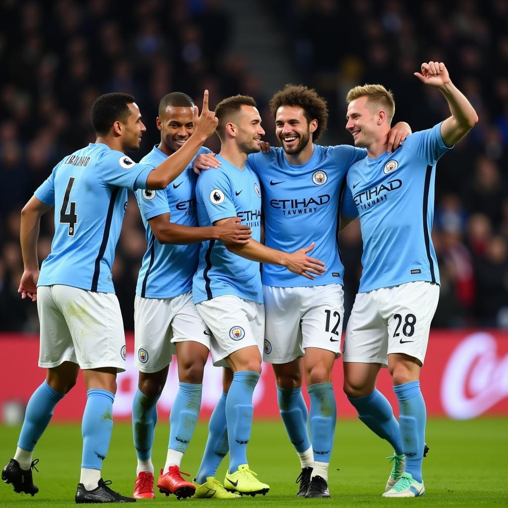 Haaland celebrating with Man City teammates