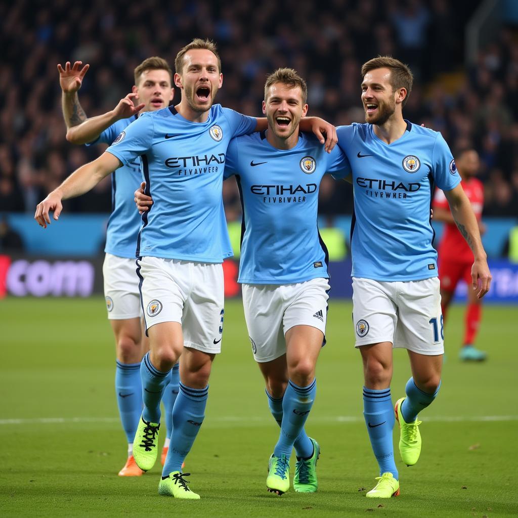 Haaland celebrates a goal in his Manchester City kit, surrounded by jubilant teammates