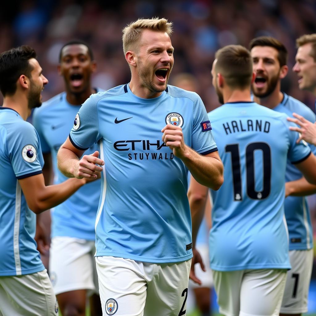 Erling Haaland celebrates with his Manchester City teammates