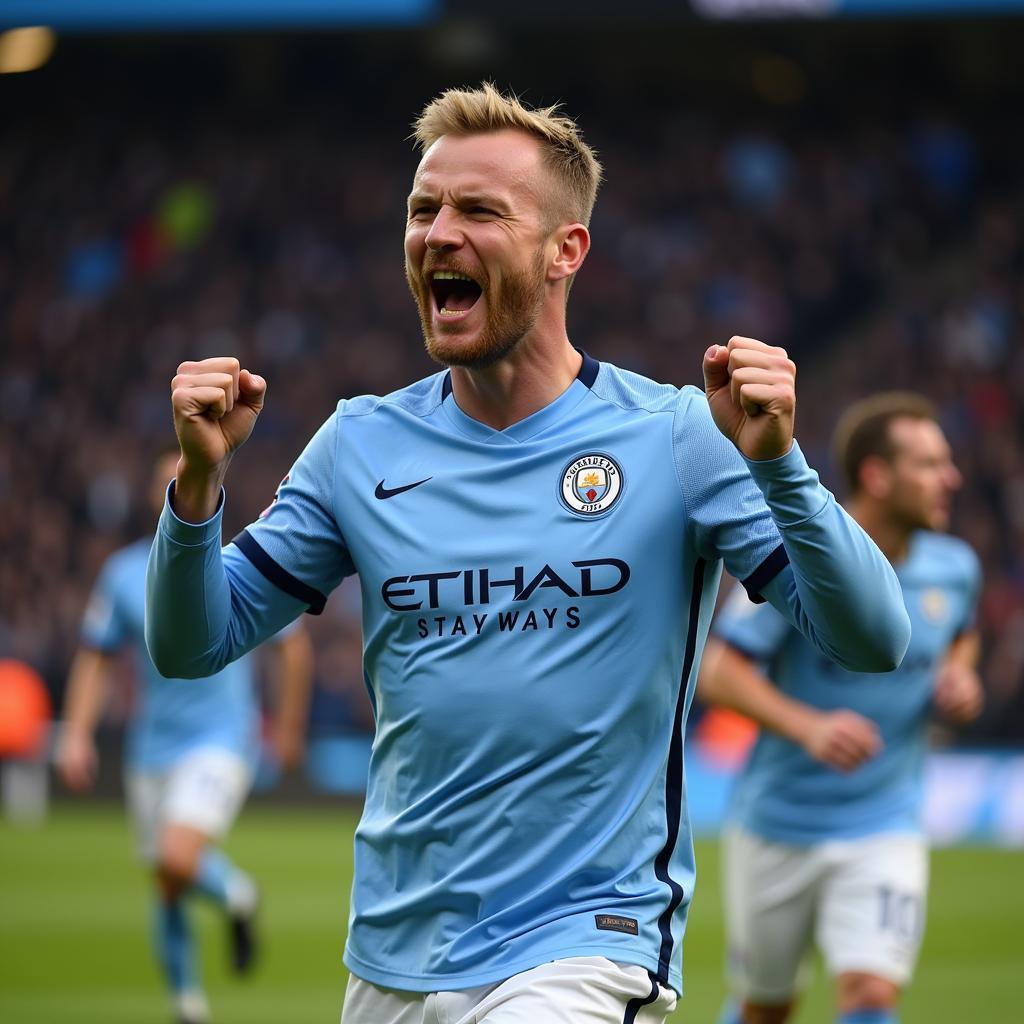 Haaland celebrates a goal in his Man City kit.