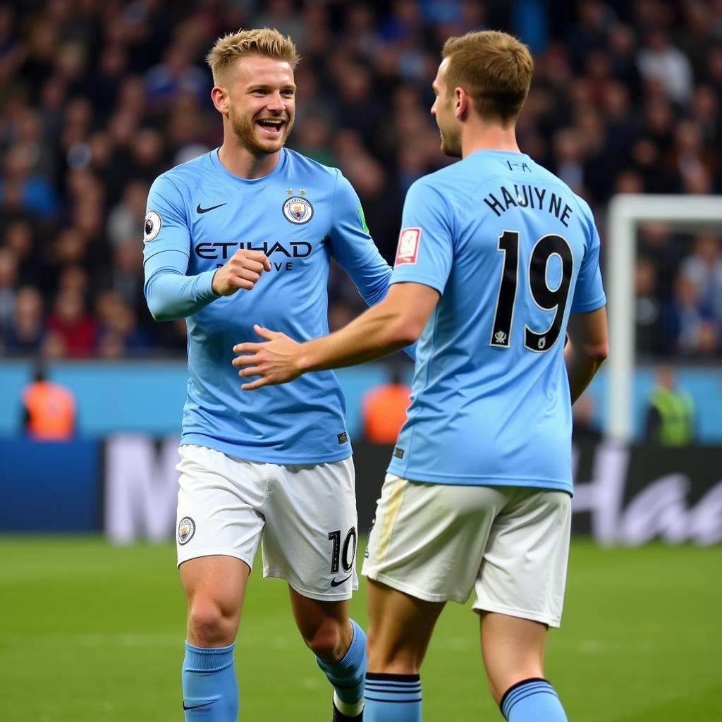 Haaland celebrates a goal with Kevin De Bruyne