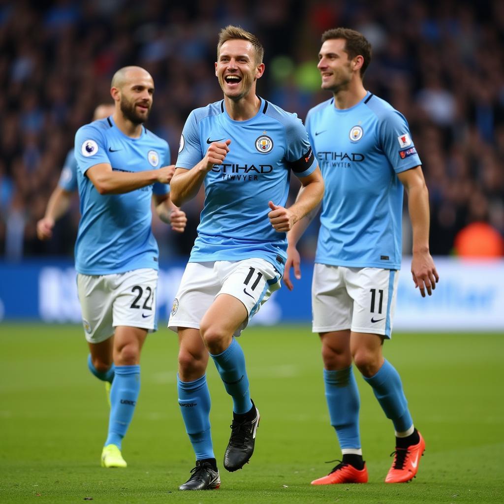 Erling Haaland celebrates a goal with his Manchester City teammates