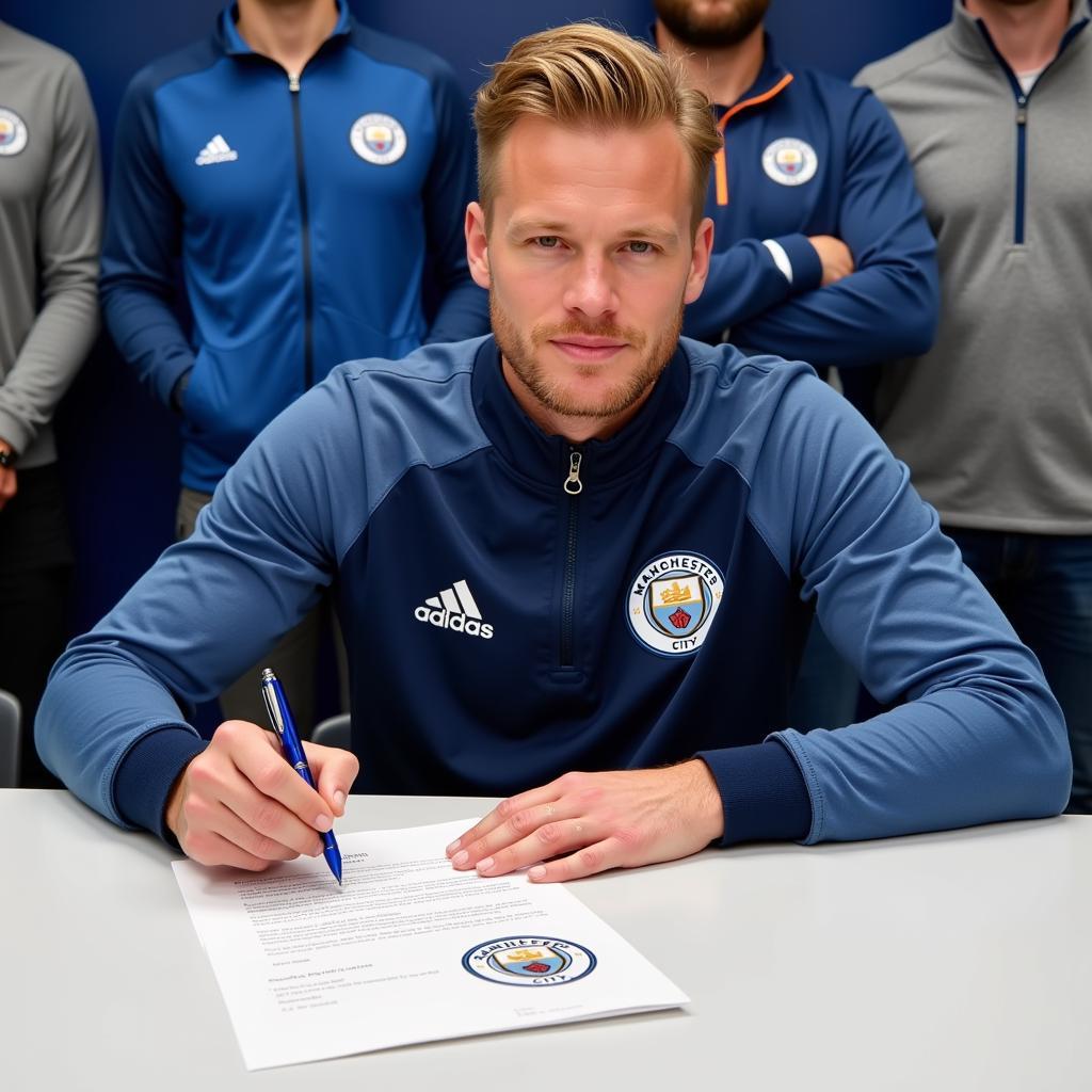 Erling Haaland signing his contract with Manchester City