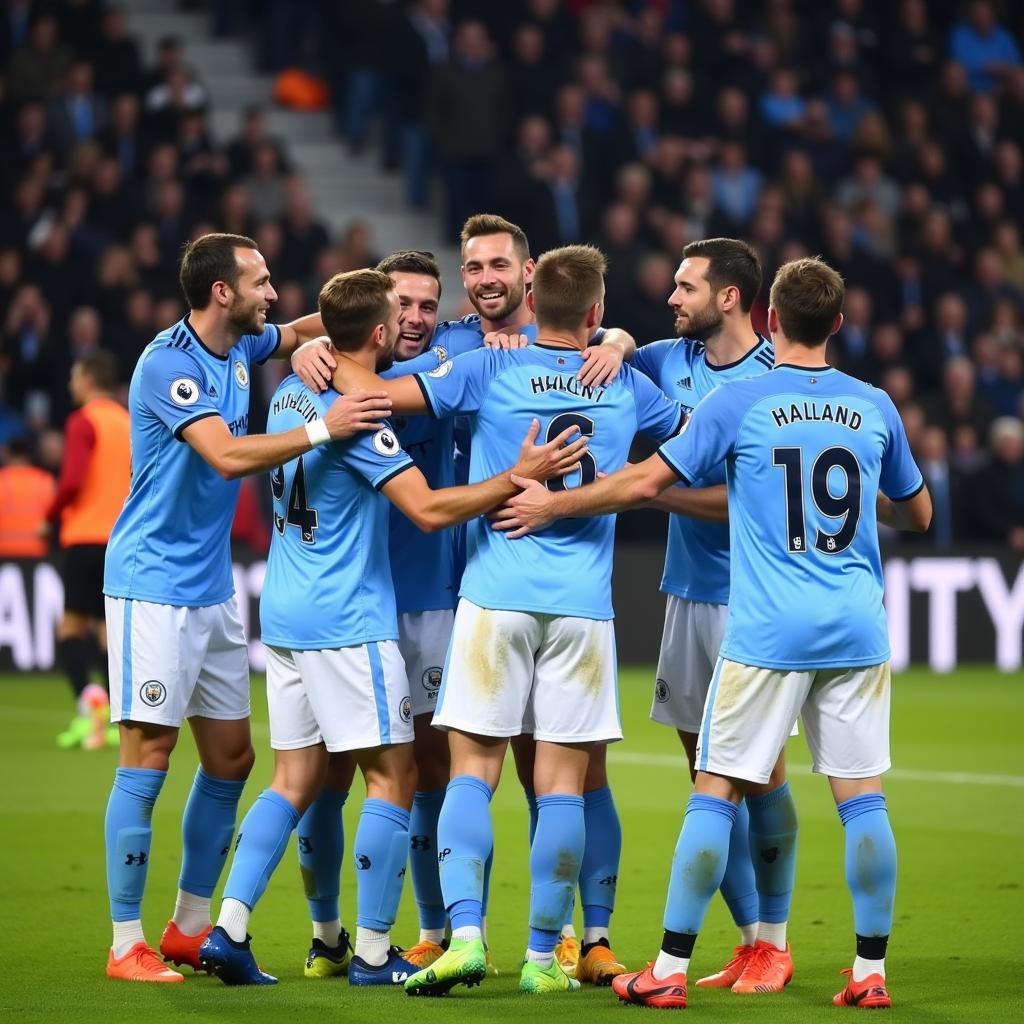 Erling Haaland celebrates a goal with his Man City teammates.