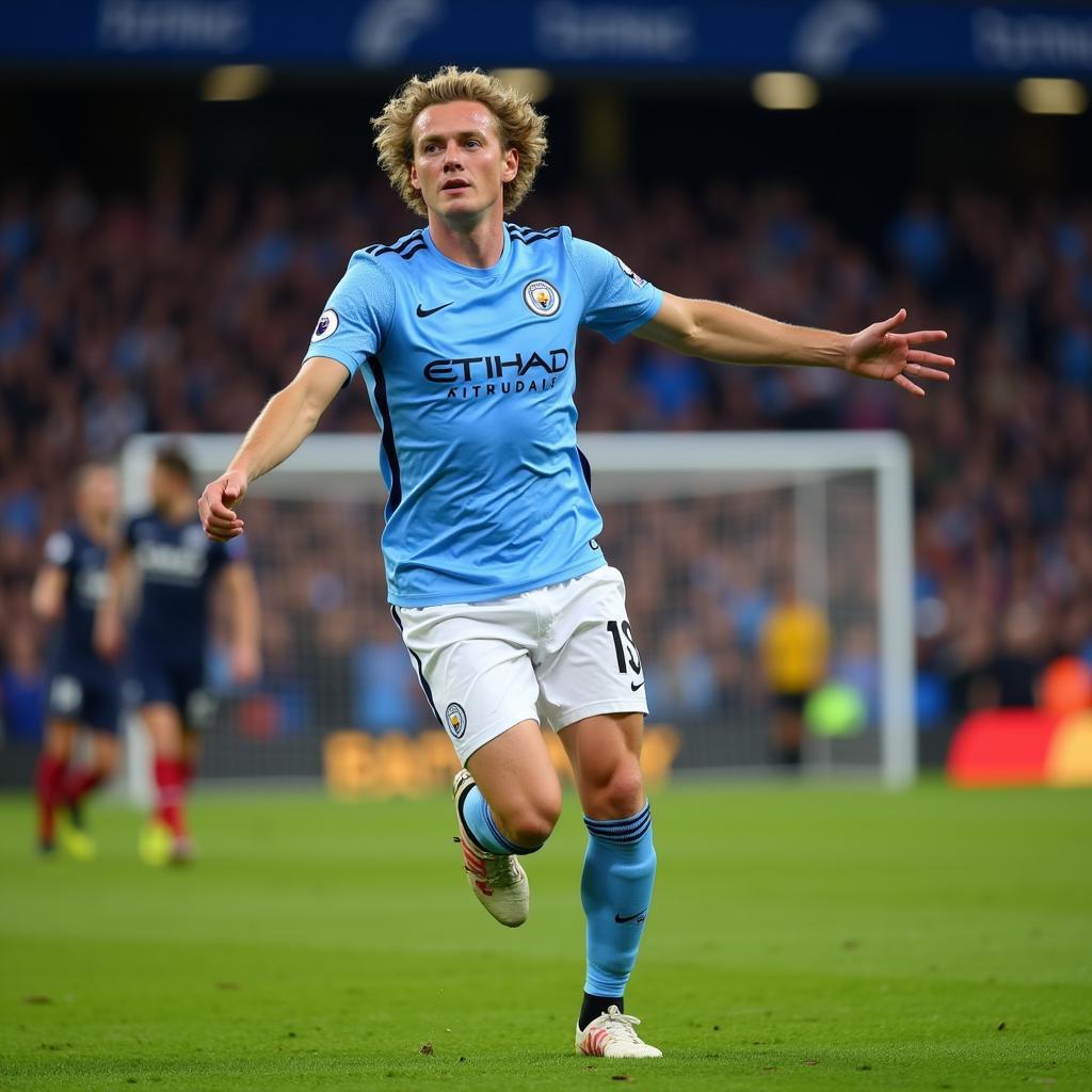 Haaland celebrating a goal in his Man City kit