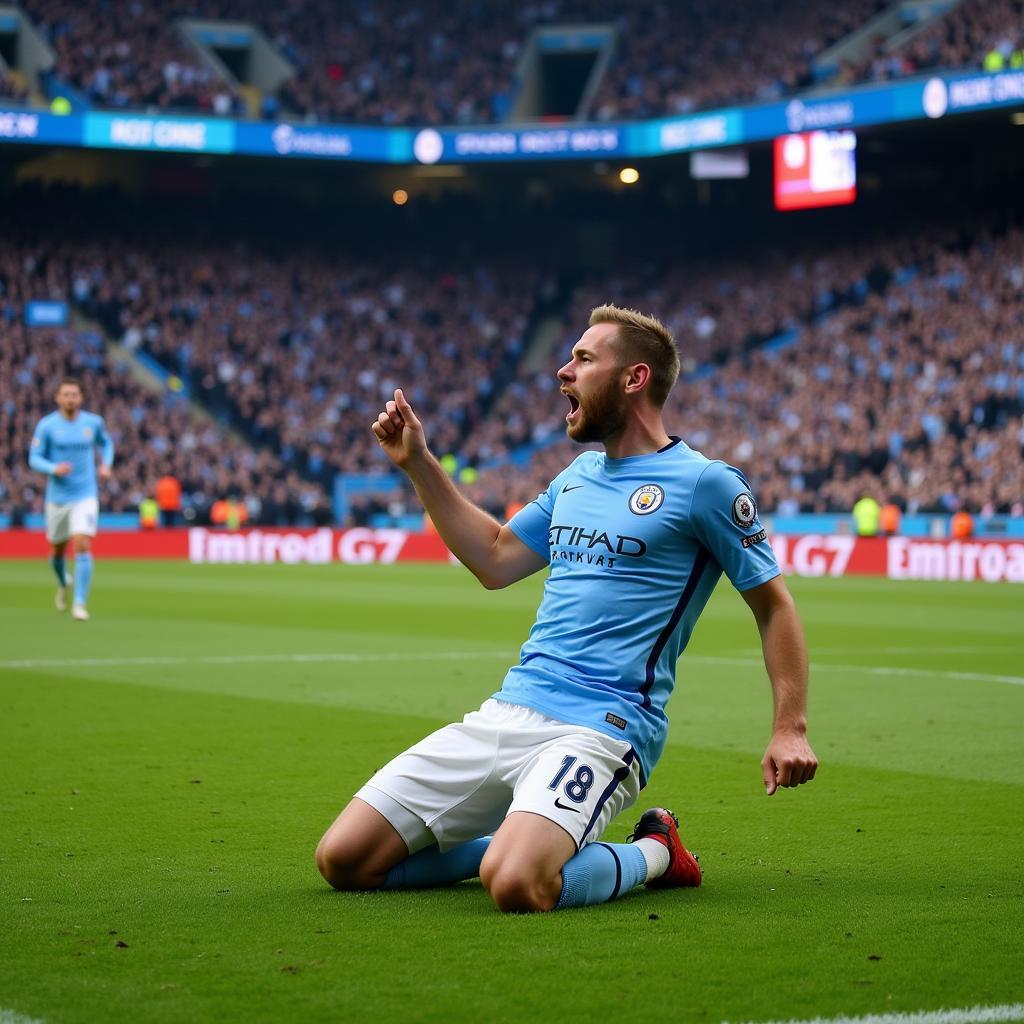 Haaland celebrates a goal at the Etihad Stadium